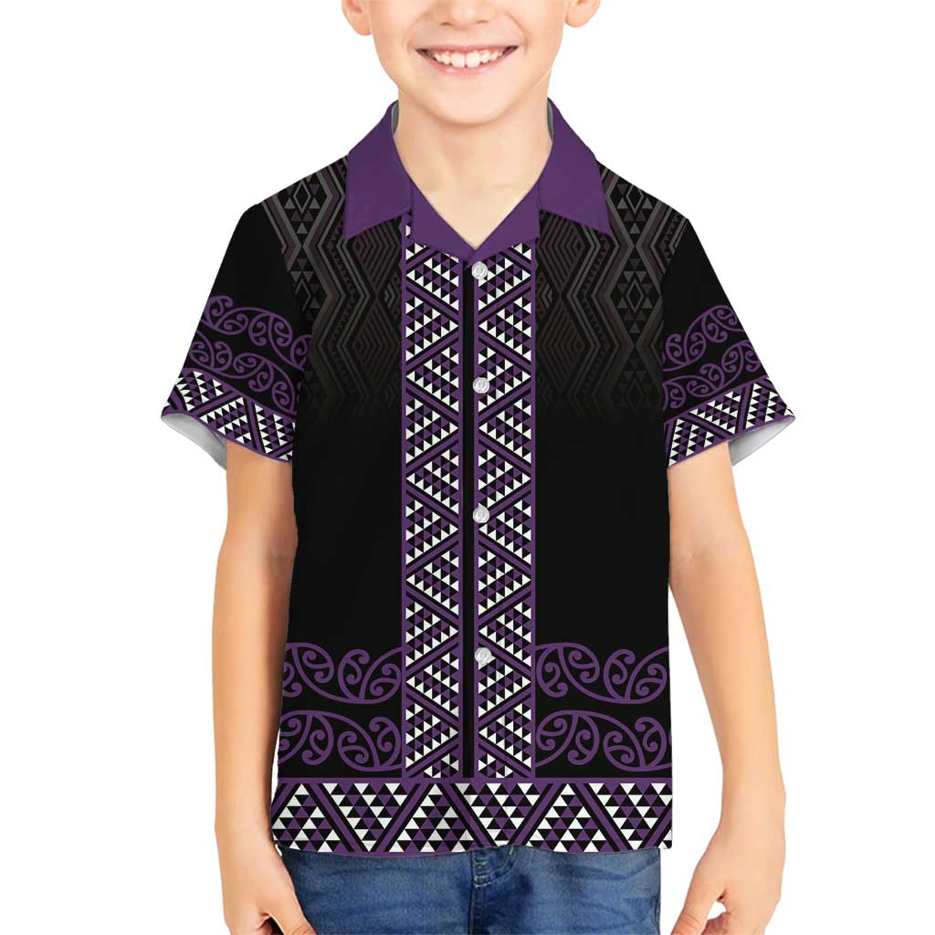 Maori Taniko Patterns Family Matching Off Shoulder Maxi Dress and Hawaiian Shirt Purple Niho Taniwha Mix Paatiki Motifs LT7 Son's Shirt Purple - Polynesian Pride