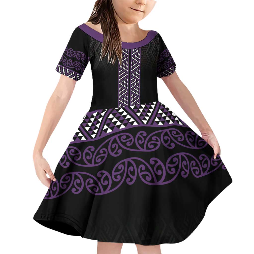 Maori Taniko Patterns Family Matching Off Shoulder Short Dress and Hawaiian Shirt Purple Niho Taniwha Mix Paatiki Motifs LT7 Daughter's Dress Purple - Polynesian Pride
