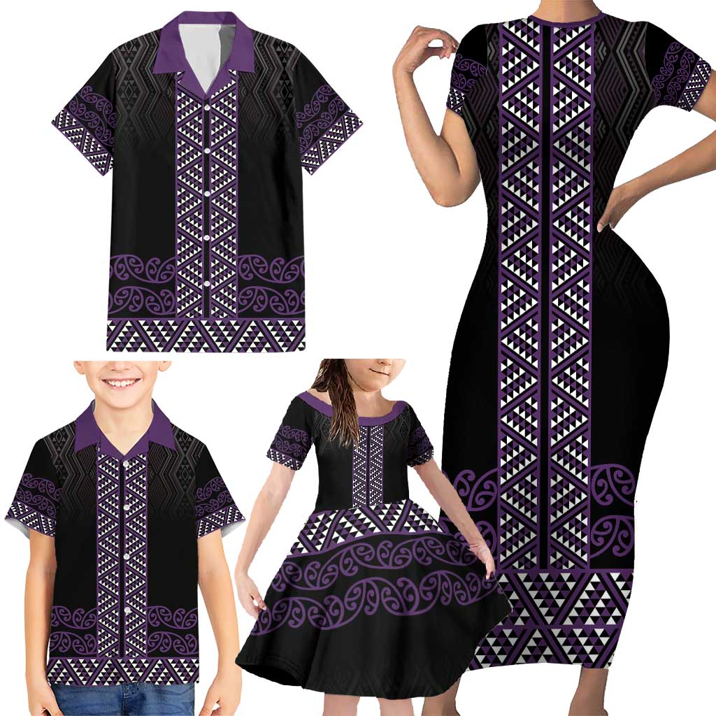 Maori Taniko Patterns Family Matching Short Sleeve Bodycon Dress and Hawaiian Shirt Purple Niho Taniwha Mix Paatiki Motifs LT7 - Polynesian Pride