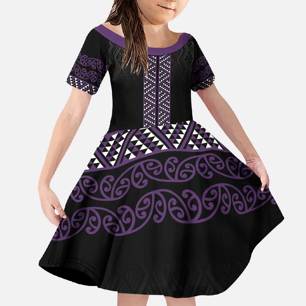 Maori Taniko Patterns Family Matching Tank Maxi Dress and Hawaiian Shirt Purple Niho Taniwha Mix Paatiki Motifs LT7 Daughter's Dress Purple - Polynesian Pride