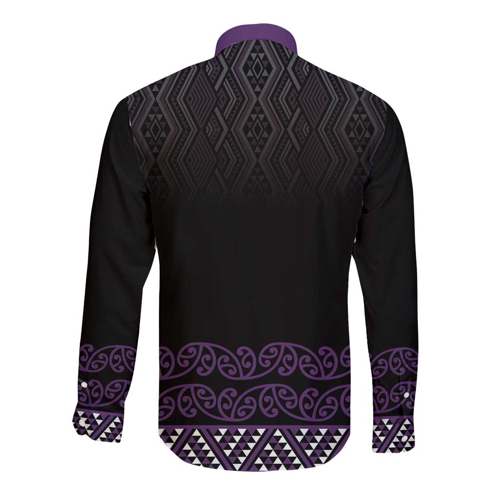 Maori Taniko Patterns Long Sleeve Button Shirt Purple Niho Taniwha Mix Paatiki Motifs