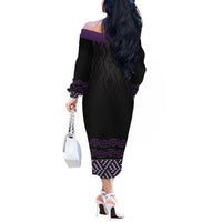Maori Taniko Patterns Off The Shoulder Long Sleeve Dress Purple Niho Taniwha Mix Paatiki Motifs