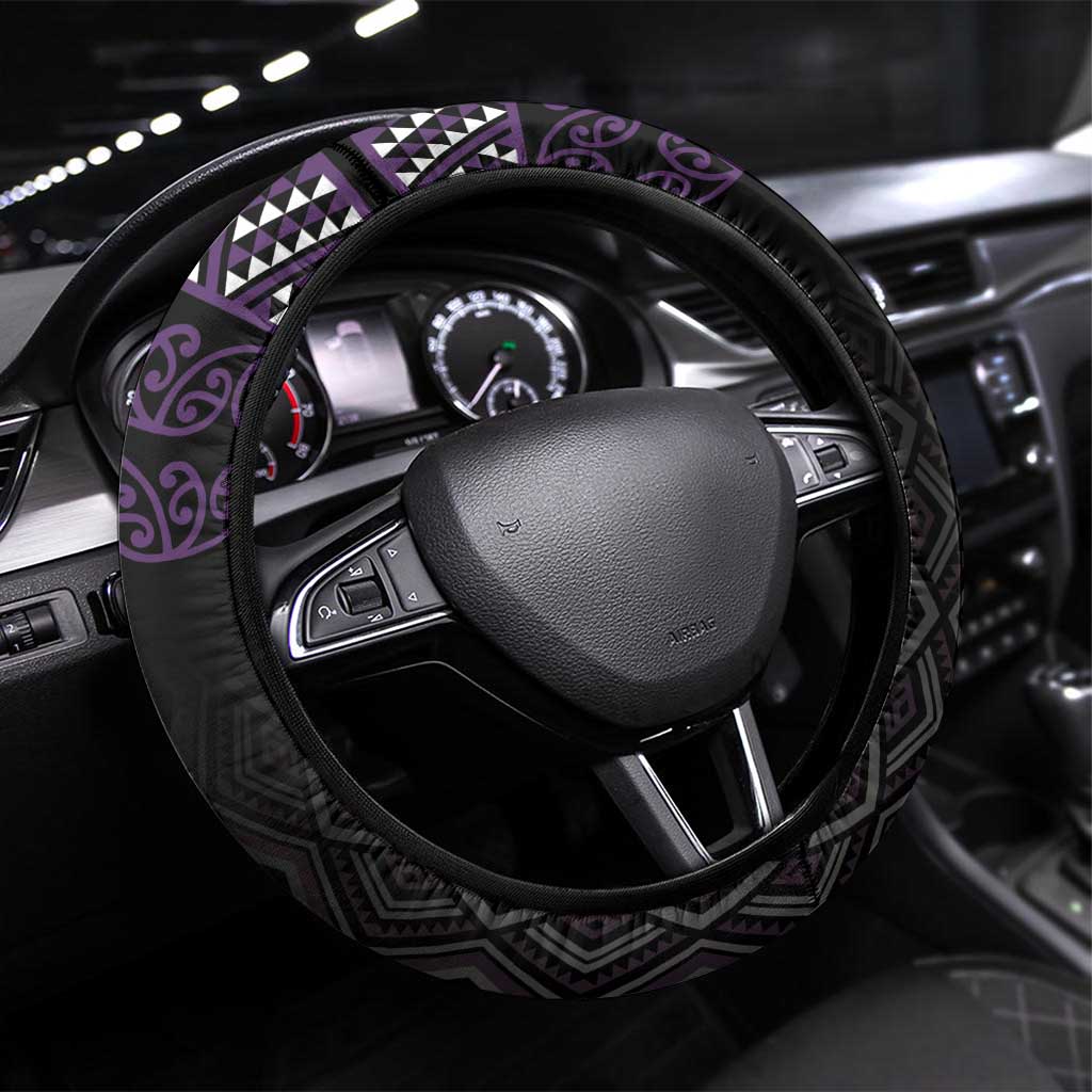 Maori Taniko Patterns Steering Wheel Cover Purple Niho Taniwha Mix Paatiki Motifs