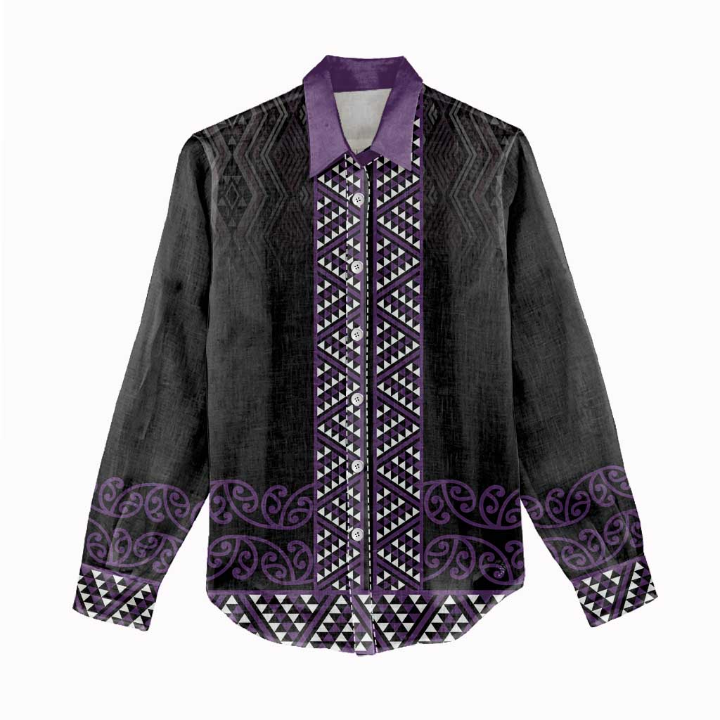 Maori Taniko Patterns Women Casual Shirt Purple Niho Taniwha Mix Paatiki Motifs