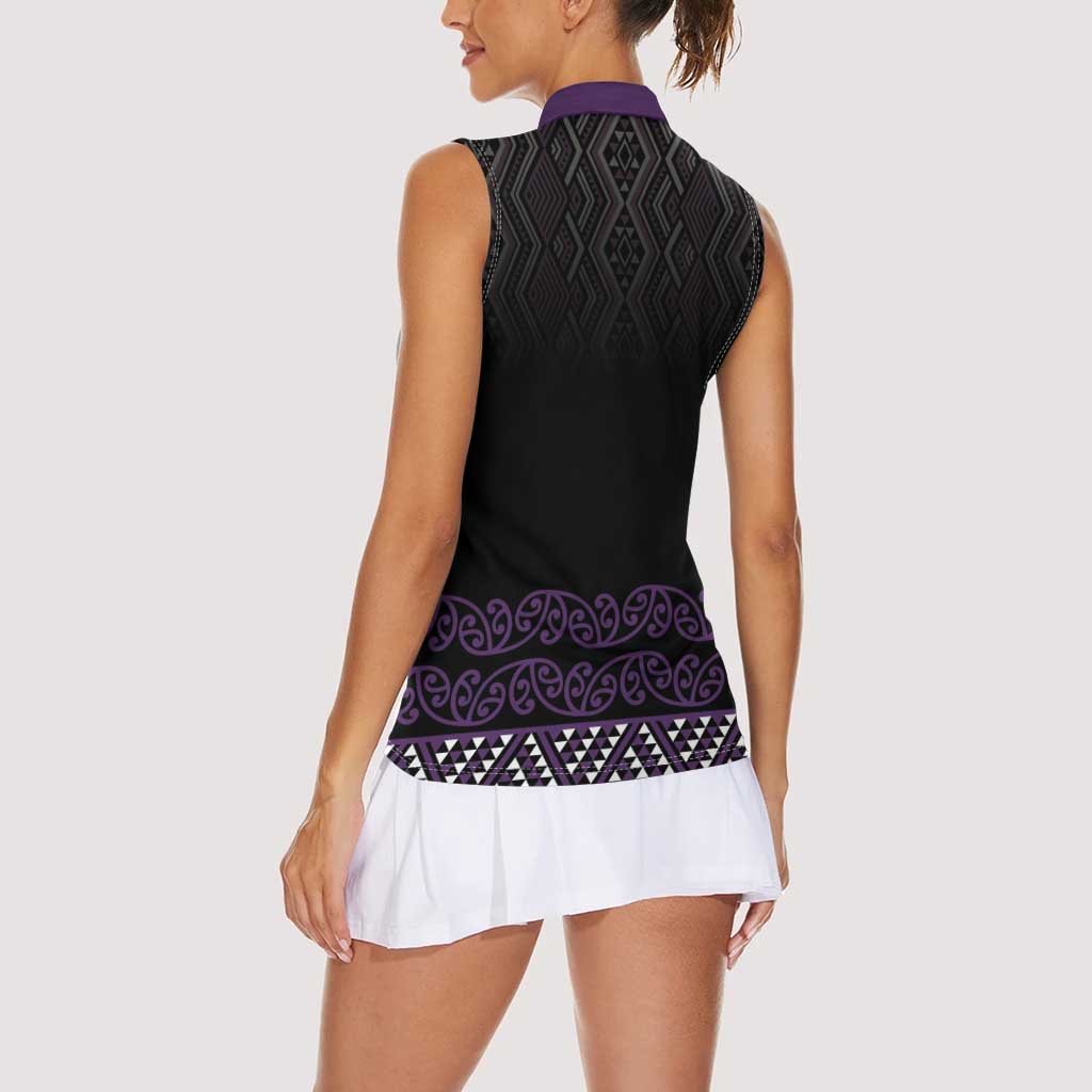 Maori Taniko Patterns Women Sleeveless Polo Shirt Purple Niho Taniwha Mix Paatiki Motifs LT7 - Polynesian Pride