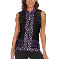 Maori Taniko Patterns Women Sleeveless Polo Shirt Purple Niho Taniwha Mix Paatiki Motifs LT7 - Polynesian Pride
