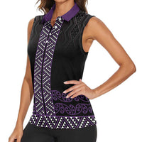 Maori Taniko Patterns Women Sleeveless Polo Shirt Purple Niho Taniwha Mix Paatiki Motifs LT7 - Polynesian Pride