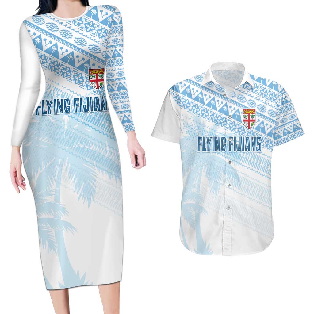 Fiji Rugby Custom Kaiviti Masi Couples Matching Long Sleeve Bodycon Dress and Hawaiian Shirt Turquoise LT7 Turquoise - Polynesian Pride