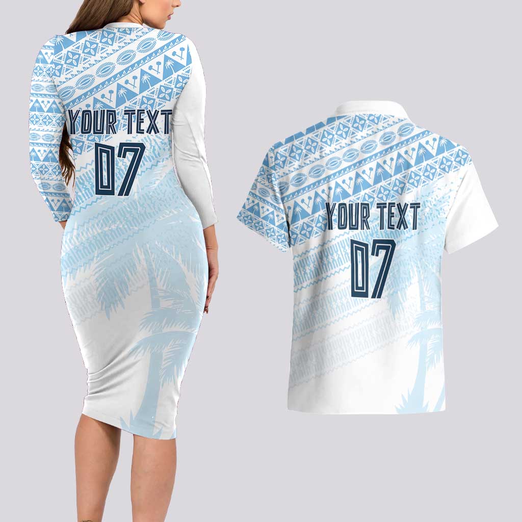 Fiji Rugby Custom Kaiviti Masi Couples Matching Long Sleeve Bodycon Dress and Hawaiian Shirt Turquoise LT7 - Polynesian Pride