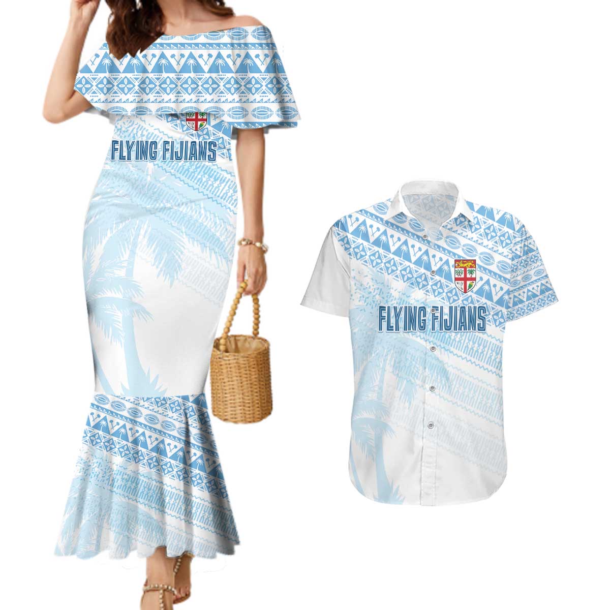 Fiji Rugby Custom Kaiviti Masi Couples Matching Mermaid Dress and Hawaiian Shirt Turquoise - Polynesian Pride