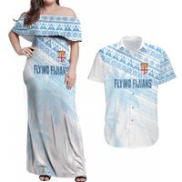 Fiji Rugby Custom Kaiviti Masi Couples Matching Off Shoulder Maxi Dress and Hawaiian Shirt Turquoise LT7 Turquoise - Polynesian Pride