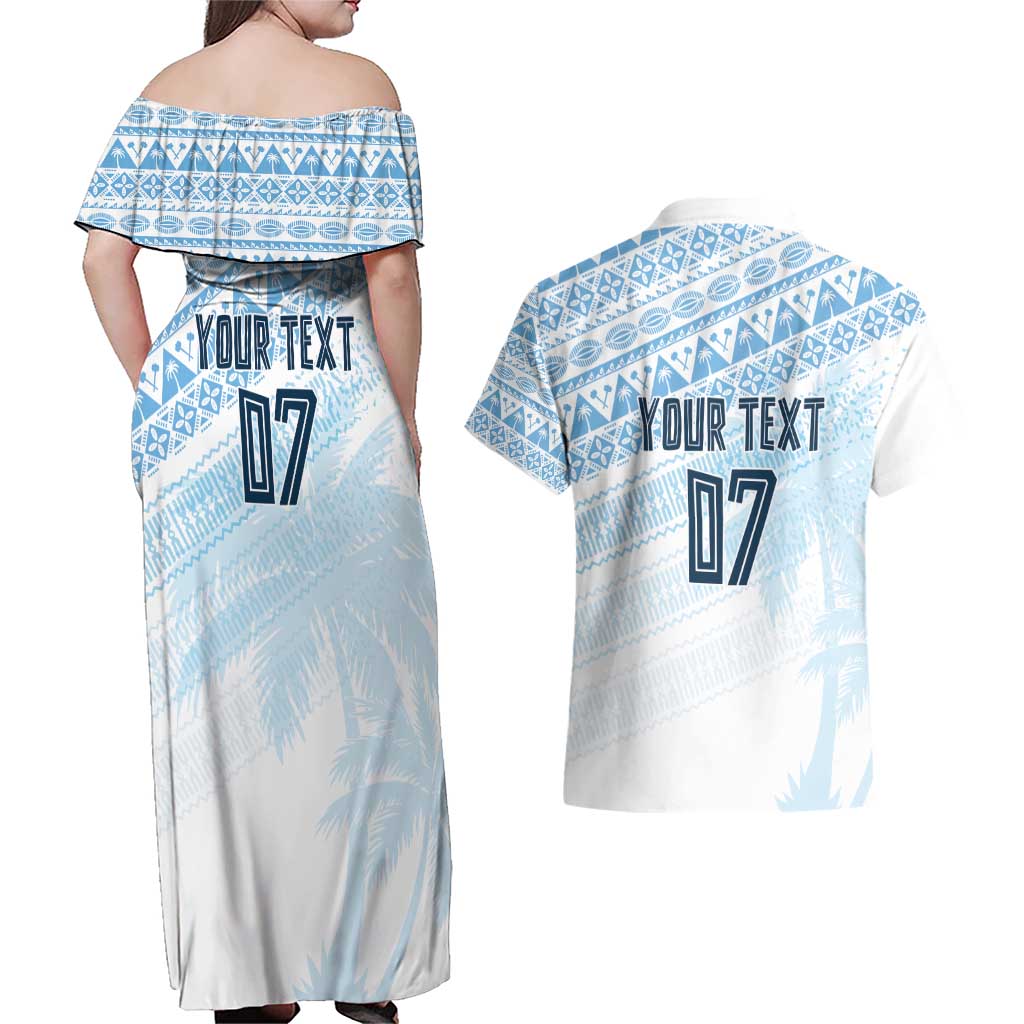 Fiji Rugby Custom Kaiviti Masi Couples Matching Off Shoulder Maxi Dress and Hawaiian Shirt Turquoise LT7 - Polynesian Pride