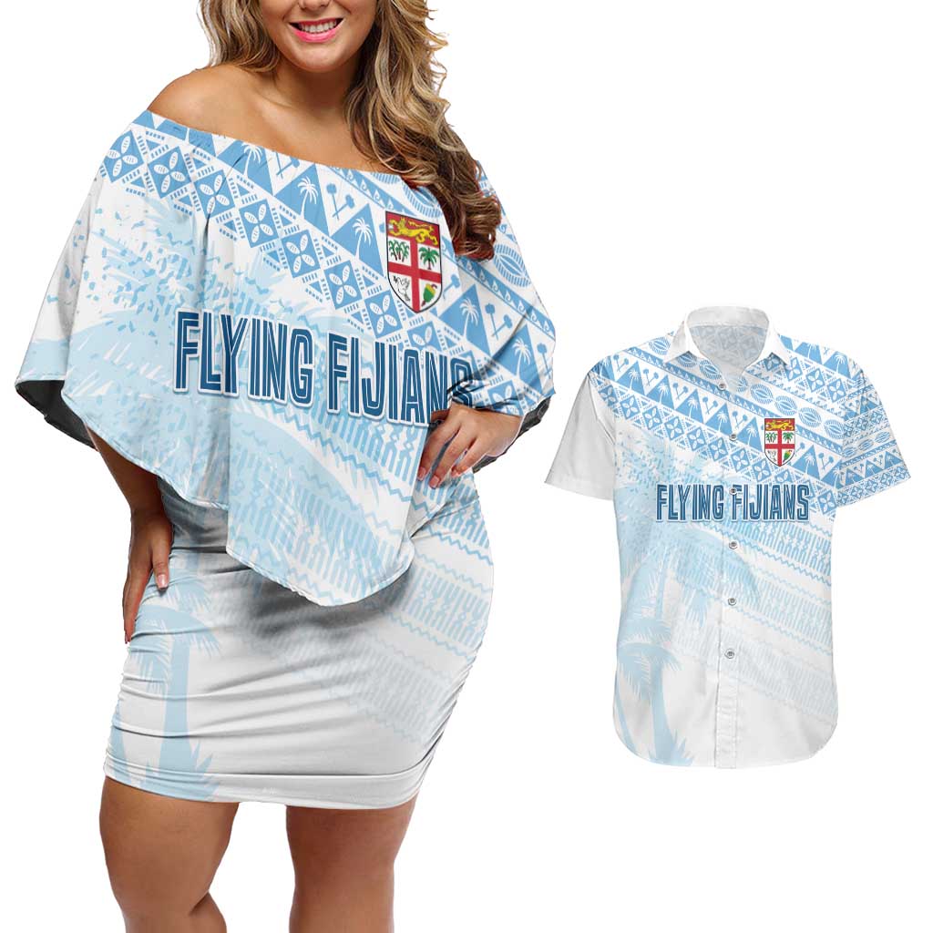 Fiji Rugby Custom Kaiviti Masi Couples Matching Off Shoulder Short Dress and Hawaiian Shirt Turquoise LT7 Turquoise - Polynesian Pride