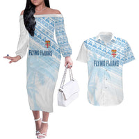 Fiji Rugby Custom Kaiviti Masi Couples Matching Off The Shoulder Long Sleeve Dress and Hawaiian Shirt Turquoise LT7 Turquoise - Polynesian Pride