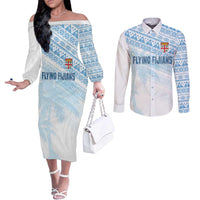 Fiji Rugby Custom Kaiviti Masi Couples Matching Off The Shoulder Long Sleeve Dress and Long Sleeve Button Shirt Turquoise LT7 Turquoise - Polynesian Pride