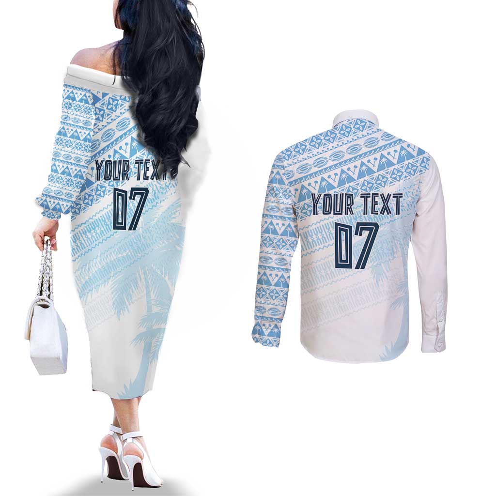 Fiji Rugby Custom Kaiviti Masi Couples Matching Off The Shoulder Long Sleeve Dress and Long Sleeve Button Shirt Turquoise LT7 - Polynesian Pride
