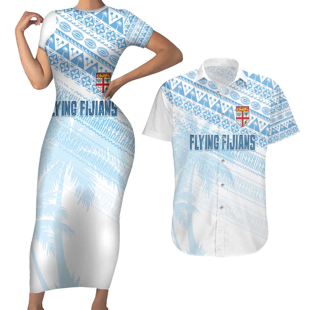 Fiji Rugby Custom Kaiviti Masi Couples Matching Short Sleeve Bodycon Dress and Hawaiian Shirt Turquoise LT7 Turquoise - Polynesian Pride