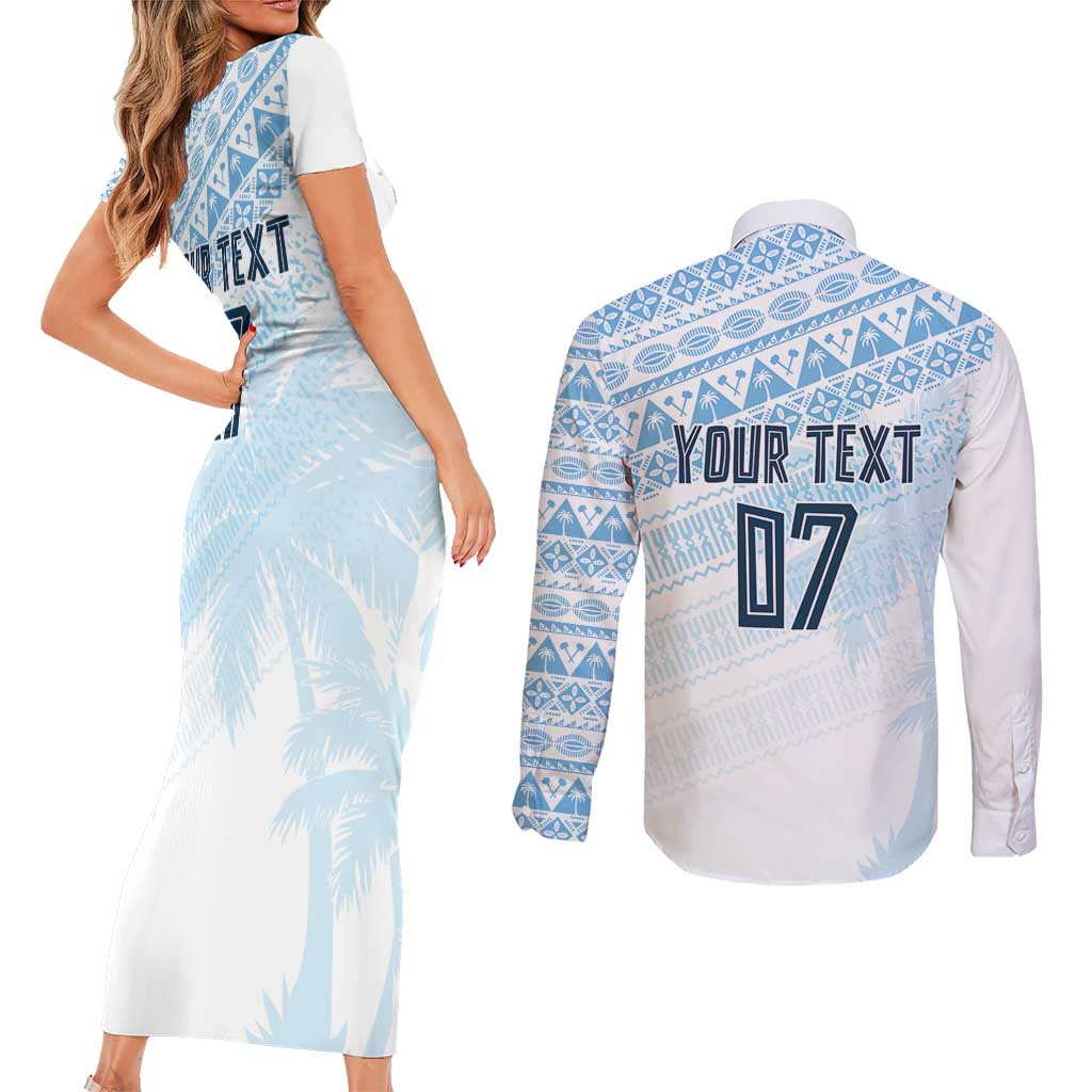 Fiji Rugby Custom Kaiviti Masi Couples Matching Short Sleeve Bodycon Dress and Long Sleeve Button Shirt Turquoise LT7 - Polynesian Pride