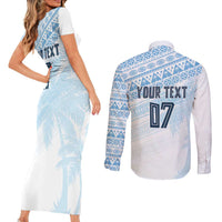 Fiji Rugby Custom Kaiviti Masi Couples Matching Short Sleeve Bodycon Dress and Long Sleeve Button Shirt Turquoise LT7 - Polynesian Pride