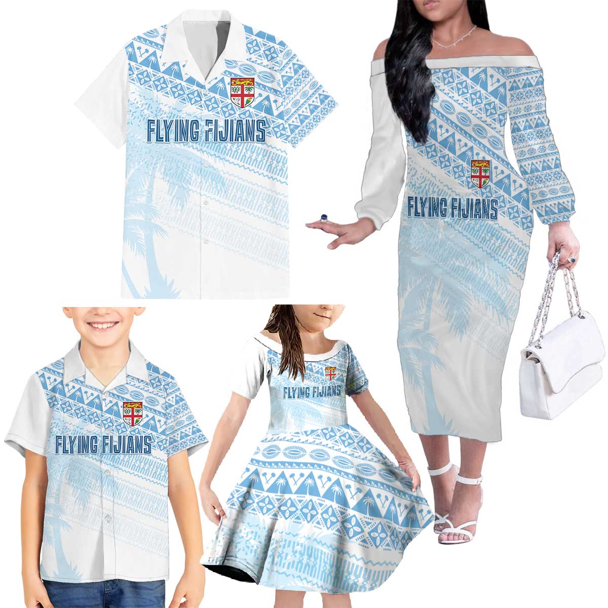 Fiji Rugby Custom Kaiviti Masi Family Matching Off The Shoulder Long Sleeve Dress and Hawaiian Shirt Turquoise LT7 - Polynesian Pride