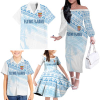 Fiji Rugby Custom Kaiviti Masi Family Matching Off The Shoulder Long Sleeve Dress and Hawaiian Shirt Turquoise LT7 - Polynesian Pride