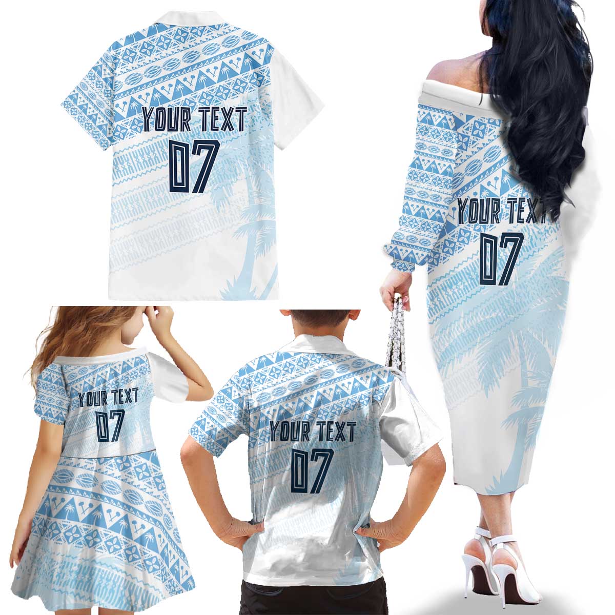Fiji Rugby Custom Kaiviti Masi Family Matching Off The Shoulder Long Sleeve Dress and Hawaiian Shirt Turquoise LT7 - Polynesian Pride