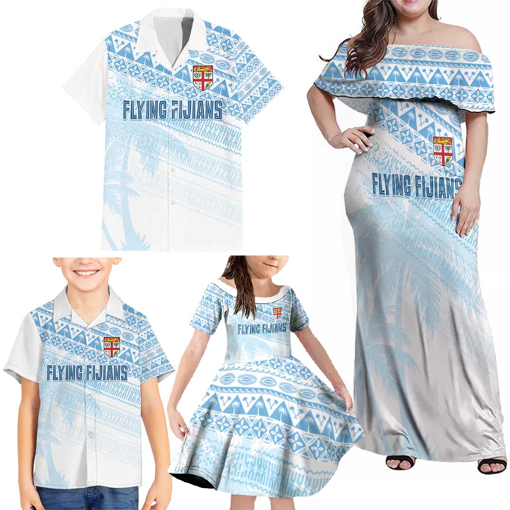 Fiji Rugby Custom Kaiviti Masi Family Matching Off Shoulder Maxi Dress and Hawaiian Shirt Turquoise LT7 - Polynesian Pride