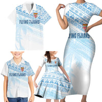 Fiji Rugby Custom Kaiviti Masi Family Matching Short Sleeve Bodycon Dress and Hawaiian Shirt Turquoise LT7 - Polynesian Pride