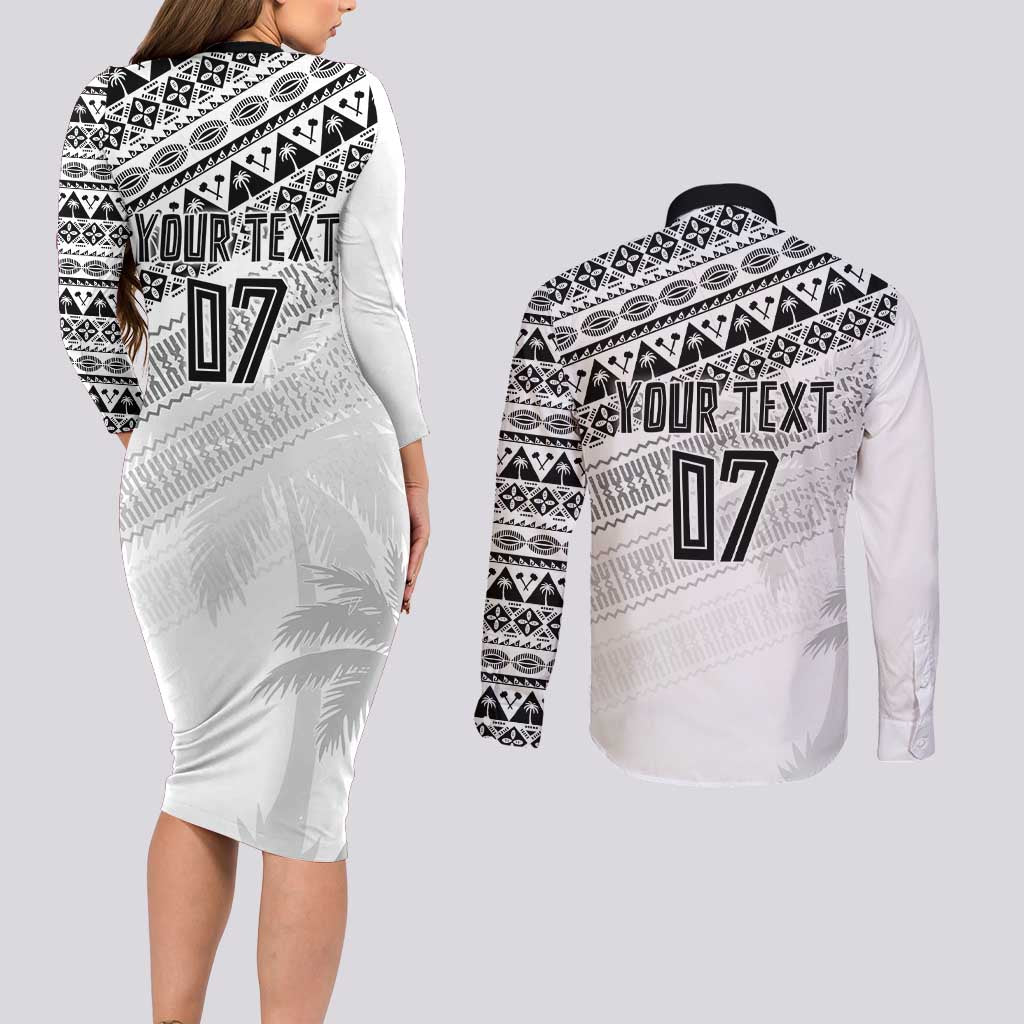 Fiji Rugby Custom Kaiviti Masi Couples Matching Long Sleeve Bodycon Dress and Long Sleeve Button Shirt Black LT7 - Polynesian Pride