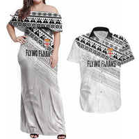 Fiji Rugby Custom Kaiviti Masi Couples Matching Off Shoulder Maxi Dress and Hawaiian Shirt Black LT7 Black - Polynesian Pride
