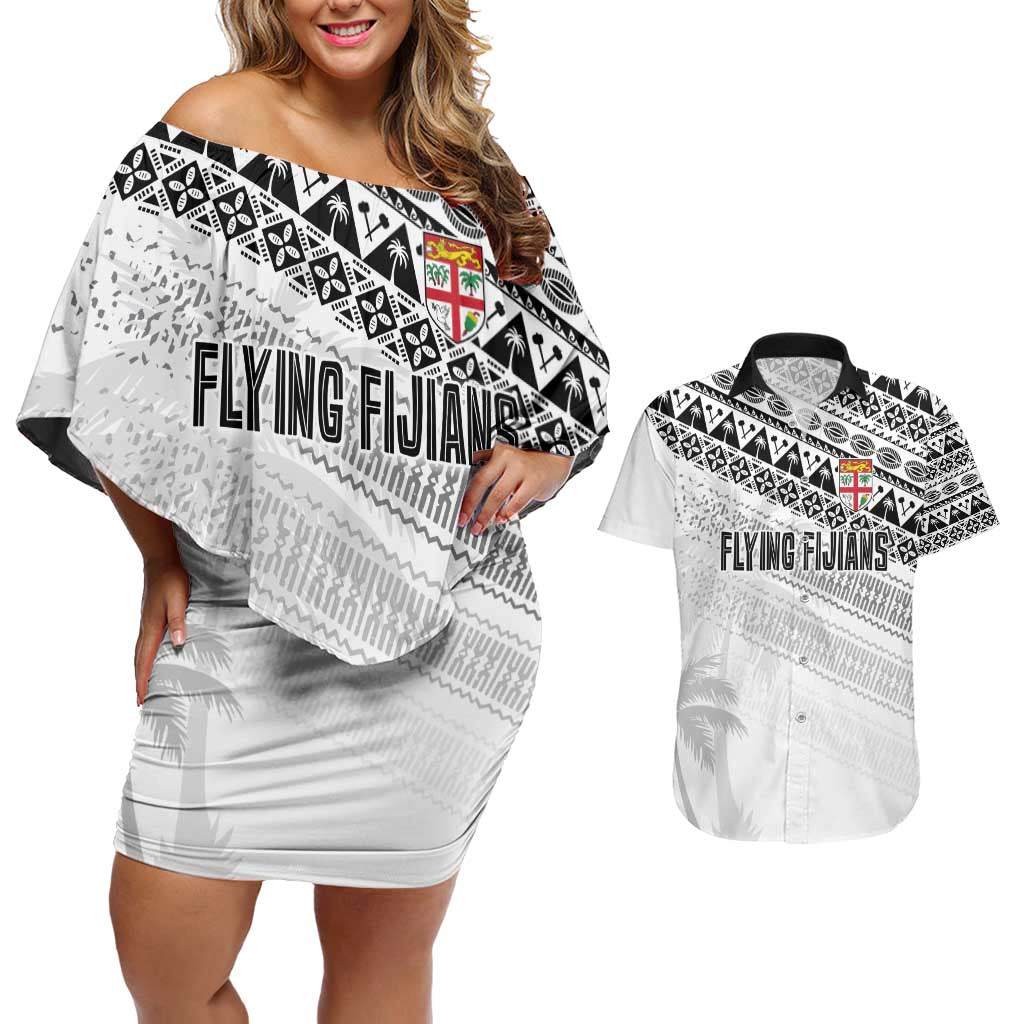 Fiji Rugby Custom Kaiviti Masi Couples Matching Off Shoulder Short Dress and Hawaiian Shirt Black LT7 Black - Polynesian Pride
