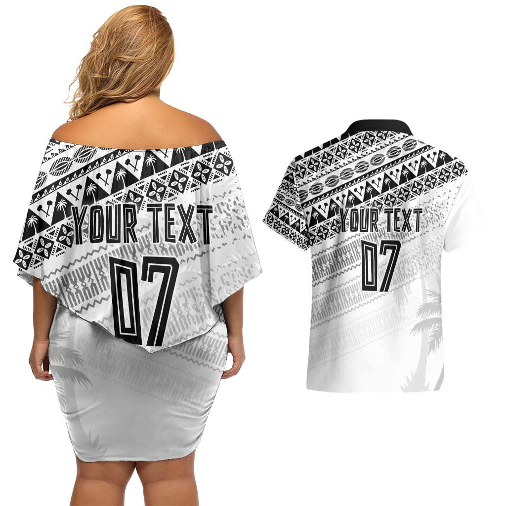 Fiji Rugby Custom Kaiviti Masi Couples Matching Off Shoulder Short Dress and Hawaiian Shirt Black LT7 - Polynesian Pride