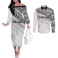 Fiji Rugby Custom Kaiviti Masi Couples Matching Off The Shoulder Long Sleeve Dress and Long Sleeve Button Shirt Black LT7 Black - Polynesian Pride