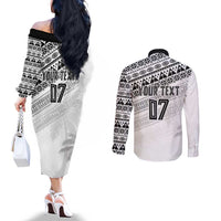 Fiji Rugby Custom Kaiviti Masi Couples Matching Off The Shoulder Long Sleeve Dress and Long Sleeve Button Shirt Black LT7 - Polynesian Pride