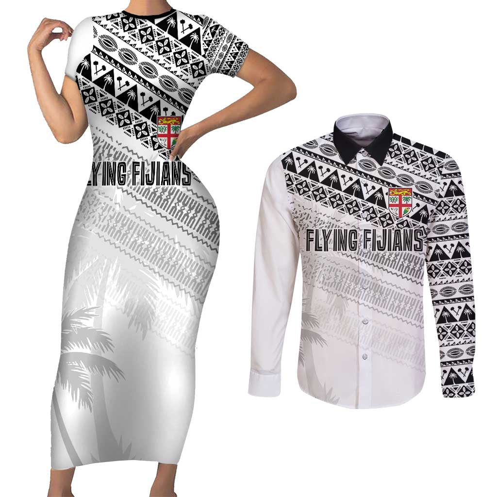 Fiji Rugby Custom Kaiviti Masi Couples Matching Short Sleeve Bodycon Dress and Long Sleeve Button Shirt Black LT7 Black - Polynesian Pride