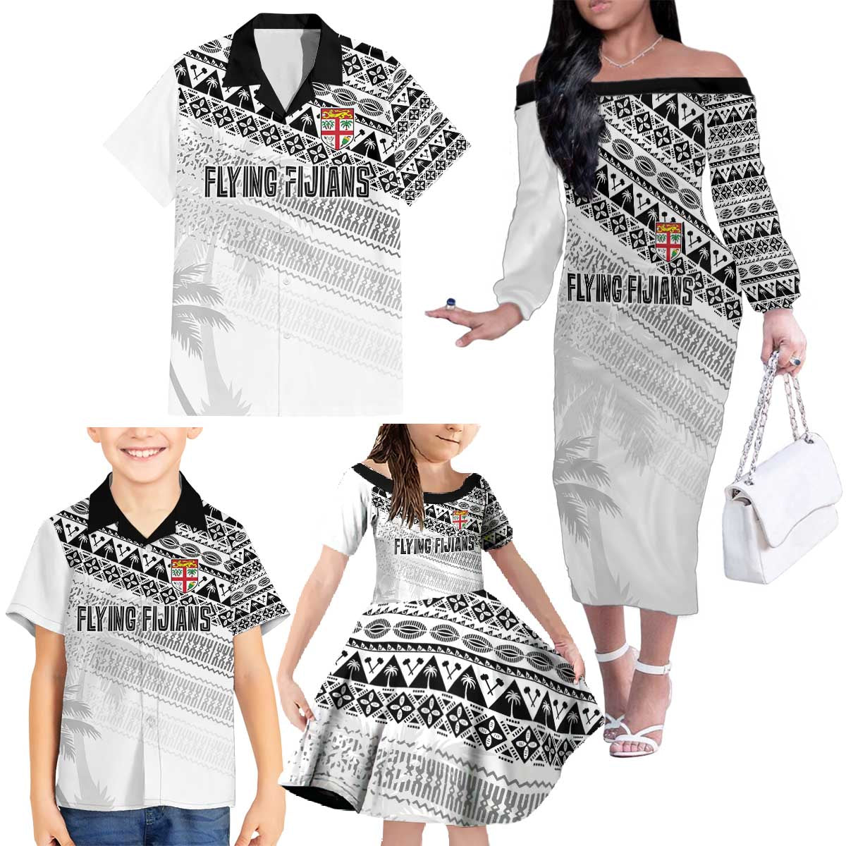 Fiji Rugby Custom Kaiviti Masi Family Matching Off The Shoulder Long Sleeve Dress and Hawaiian Shirt Black LT7 - Polynesian Pride