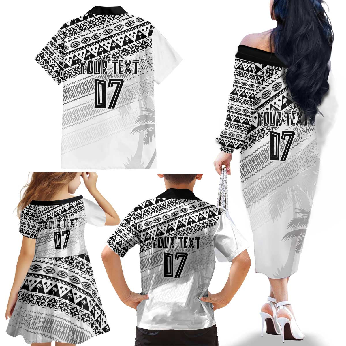 Fiji Rugby Custom Kaiviti Masi Family Matching Off The Shoulder Long Sleeve Dress and Hawaiian Shirt Black LT7 - Polynesian Pride