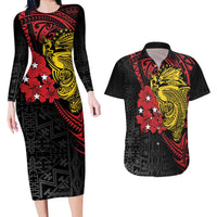 Papua New Guinea 49th Independence Day Couples Matching Long Sleeve Bodycon Dress and Hawaiian Shirt Motuan Revareva Bird-of-Paradise LT7 Black - Polynesian Pride