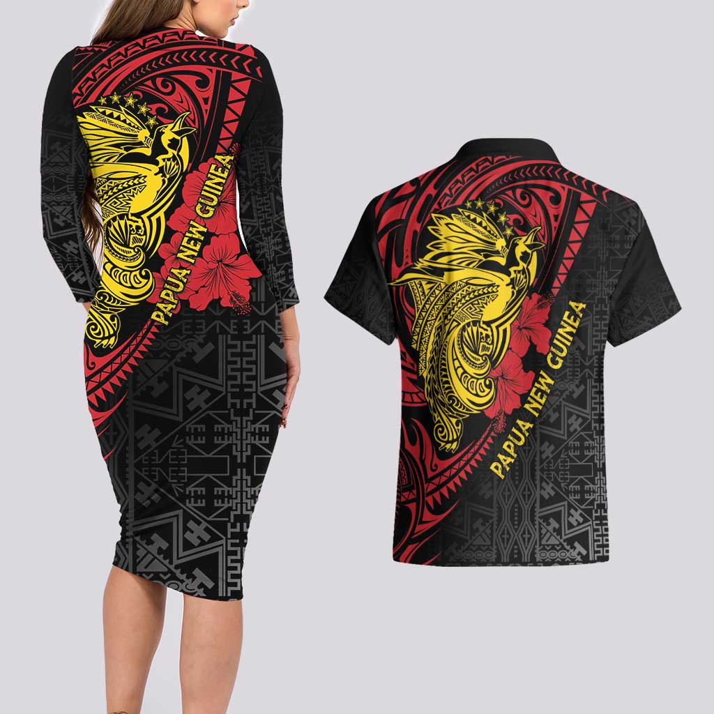 Papua New Guinea 49th Independence Day Couples Matching Long Sleeve Bodycon Dress and Hawaiian Shirt Motuan Revareva Bird-of-Paradise LT7 - Polynesian Pride