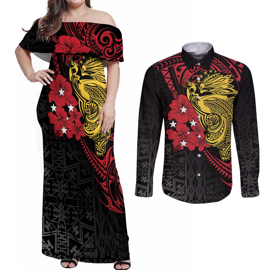 Papua New Guinea 49th Independence Day Couples Matching Off Shoulder Maxi Dress and Long Sleeve Button Shirt Motuan Revareva Bird-of-Paradise LT7 Black - Polynesian Pride