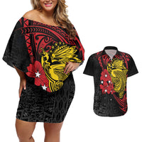 Papua New Guinea 49th Independence Day Couples Matching Off Shoulder Short Dress and Hawaiian Shirt Motuan Revareva Bird-of-Paradise LT7 Black - Polynesian Pride