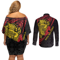 Papua New Guinea 49th Independence Day Couples Matching Off Shoulder Short Dress and Long Sleeve Button Shirt Motuan Revareva Bird-of-Paradise LT7 - Polynesian Pride