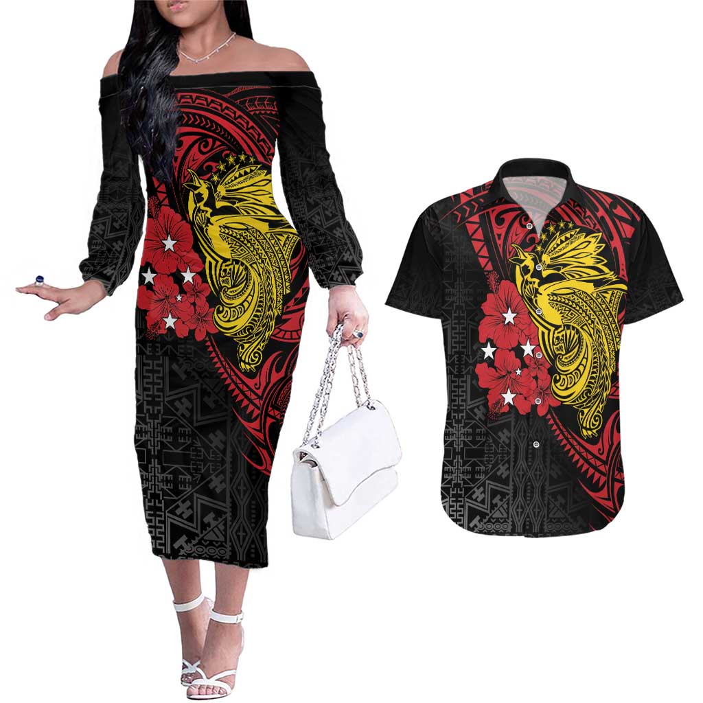 Papua New Guinea 49th Independence Day Couples Matching Off The Shoulder Long Sleeve Dress and Hawaiian Shirt Motuan Revareva Bird-of-Paradise LT7 Black - Polynesian Pride