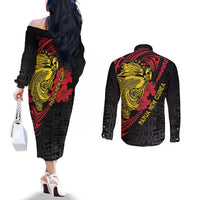 Papua New Guinea 49th Independence Day Couples Matching Off The Shoulder Long Sleeve Dress and Long Sleeve Button Shirt Motuan Revareva Bird-of-Paradise LT7 - Polynesian Pride