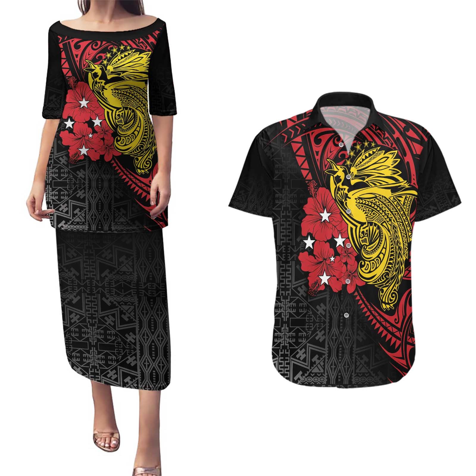 Papua New Guinea 49th Independence Day Couples Matching Puletasi and Hawaiian Shirt Motuan Revareva Bird-of-Paradise