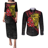 Papua New Guinea 49th Independence Day Couples Matching Puletasi and Long Sleeve Button Shirt Motuan Revareva Bird-of-Paradise LT7 Black - Polynesian Pride