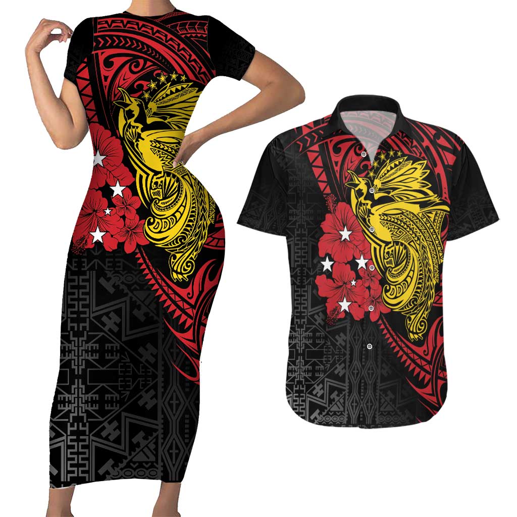 Papua New Guinea 49th Independence Day Couples Matching Short Sleeve Bodycon Dress and Hawaiian Shirt Motuan Revareva Bird-of-Paradise LT7 Black - Polynesian Pride