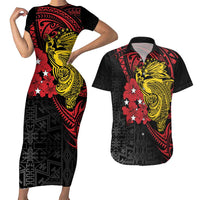 Papua New Guinea 49th Independence Day Couples Matching Short Sleeve Bodycon Dress and Hawaiian Shirt Motuan Revareva Bird-of-Paradise LT7 Black - Polynesian Pride