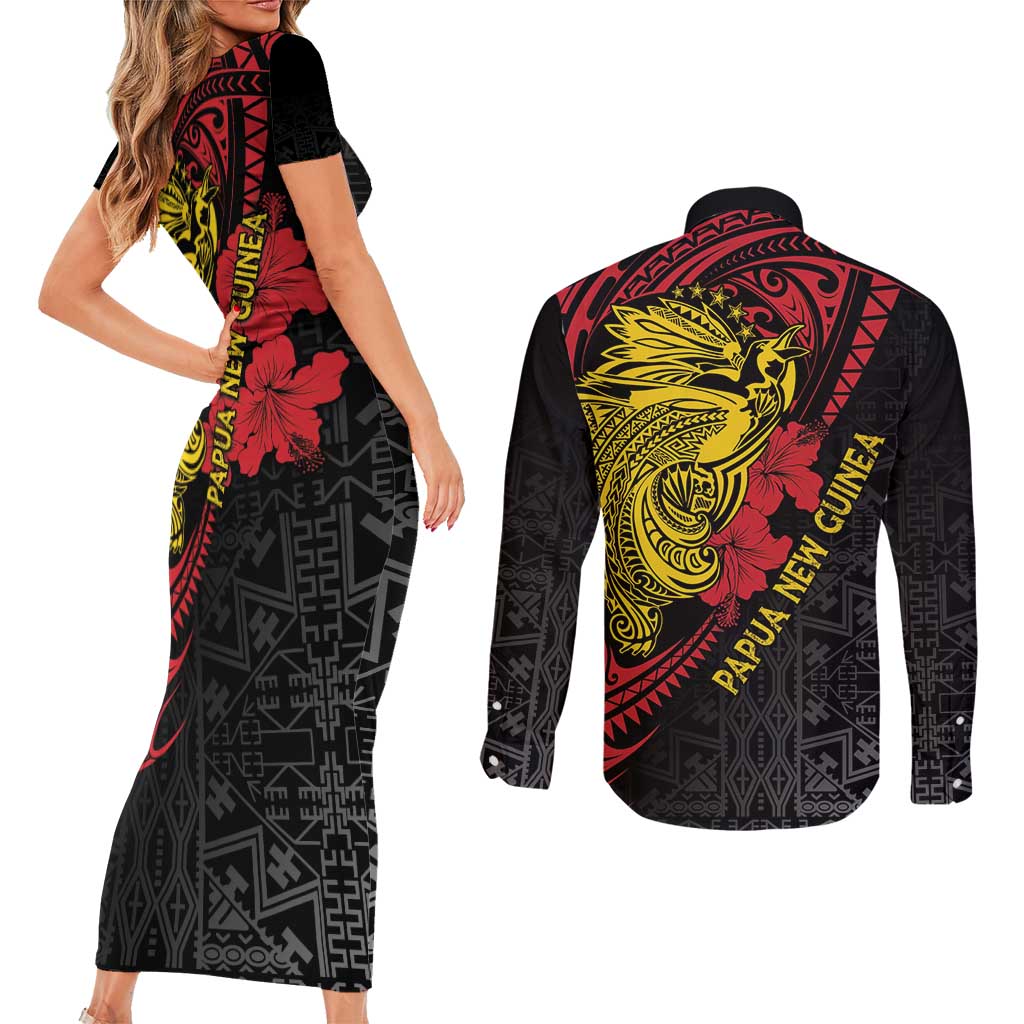 Papua New Guinea 49th Independence Day Couples Matching Short Sleeve Bodycon Dress and Long Sleeve Button Shirt Motuan Revareva Bird-of-Paradise LT7 - Polynesian Pride