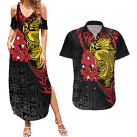 Papua New Guinea 49th Independence Day Couples Matching Summer Maxi Dress and Hawaiian Shirt Motuan Revareva Bird-of-Paradise LT7 Black - Polynesian Pride